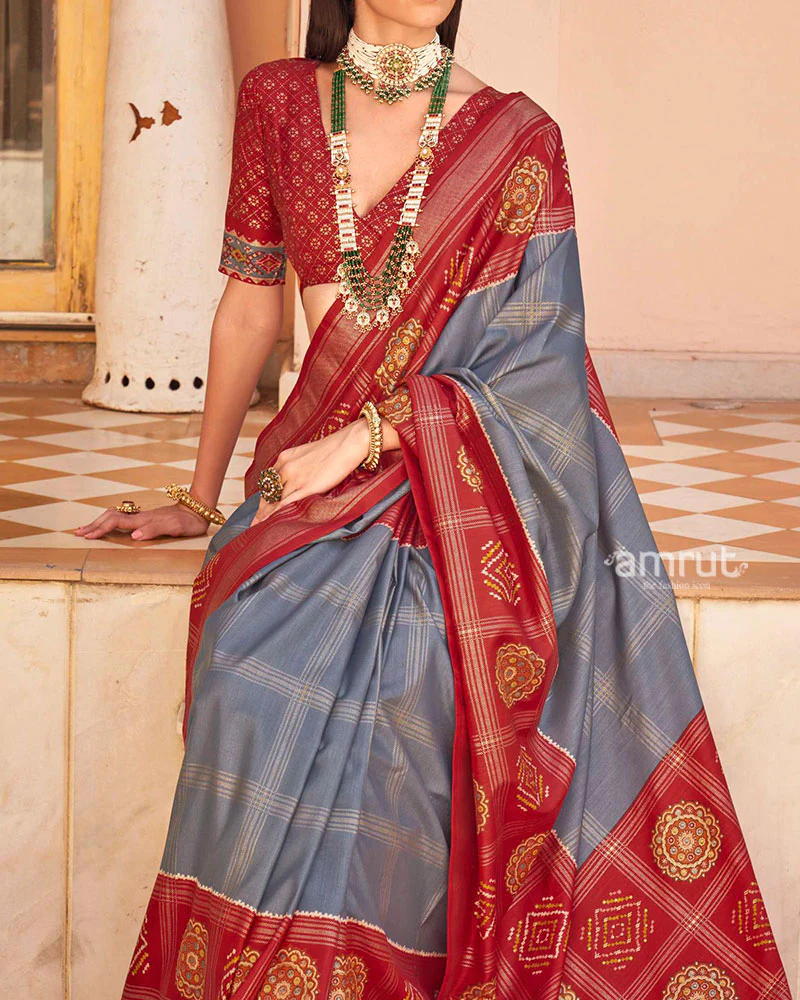 Red and Grey Printed Patola Silk Saree with Unstitched Blouse - Image 3