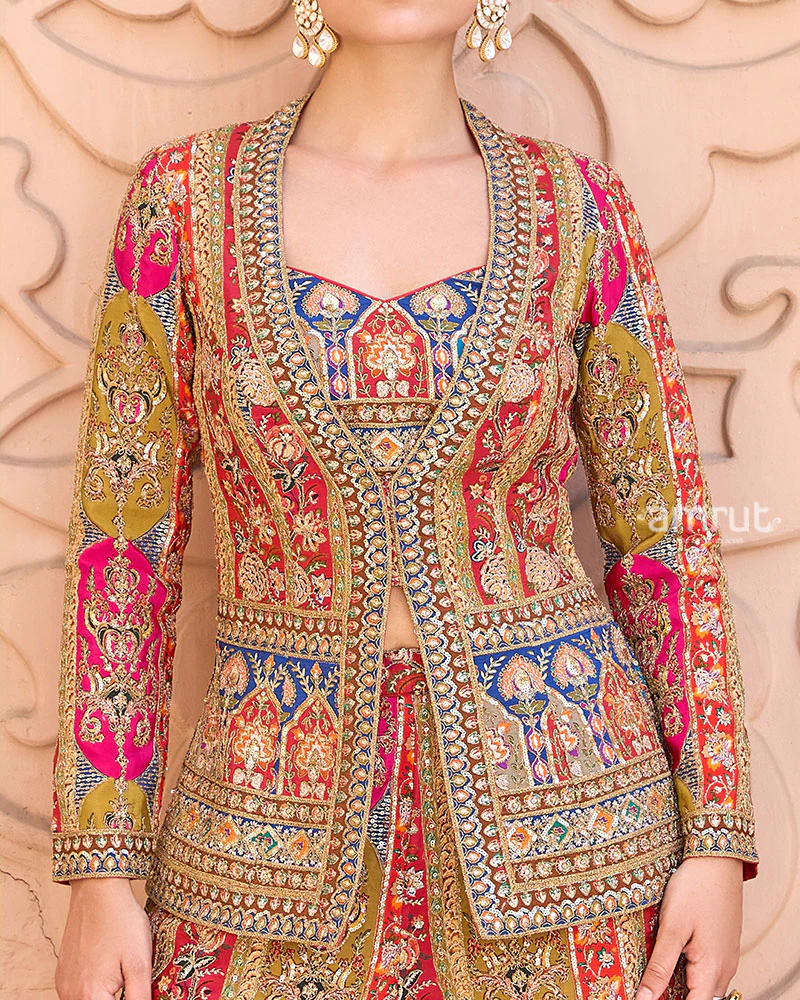 Red and Mustard Embellished Embroidered Indo-Western Set - Image 3
