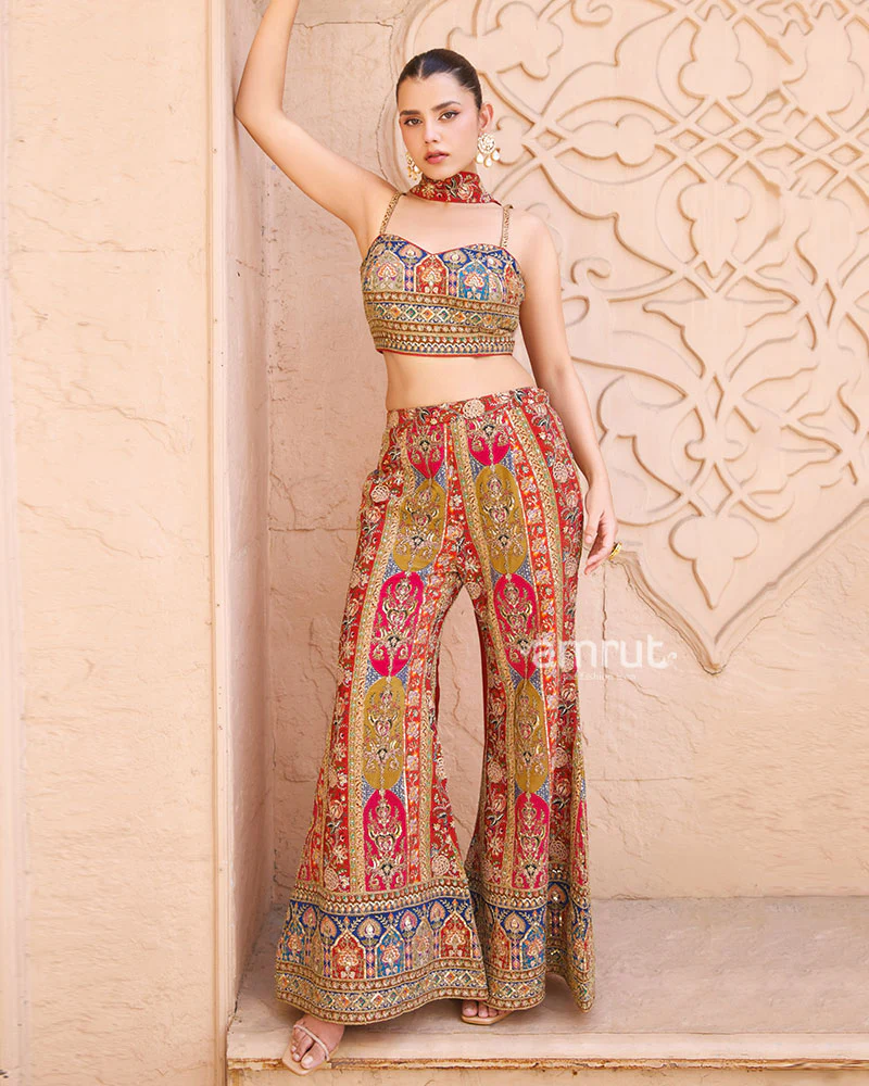 Red and Mustard Embellished Embroidered Indo-Western Set - Image 4