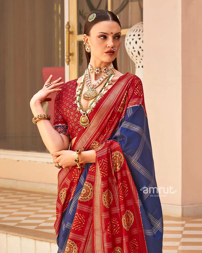 Red and Navy Blue Printed Patola Silk Saree with Unstitched Blouse - Image 2