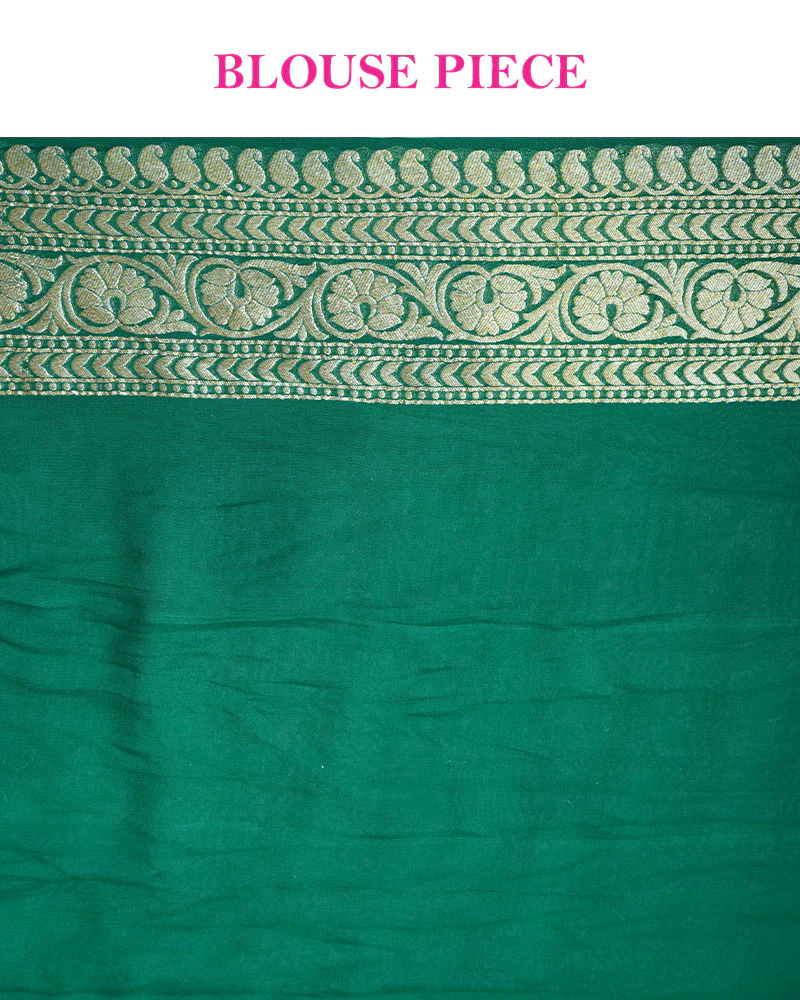 Red Banarasi Georgette Saree with Green Zari Border and Unstitched Blouse - Image 6