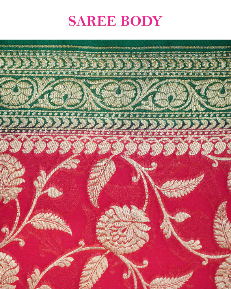Red Banarasi Georgette Saree with Green Zari Border and Unstitched Blouse - Image 7
