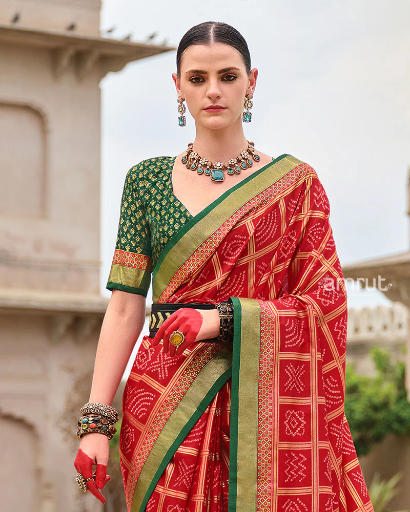 Red Bandhani Printed Silk Saree with Unstitched Blouse - Image 2