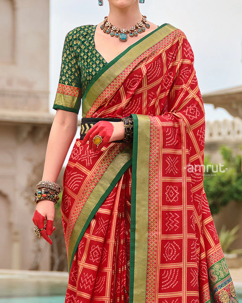 Red Bandhani Printed Silk Saree with Unstitched Blouse - Image 3