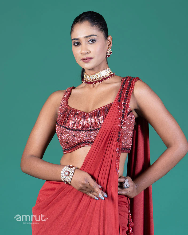 Red Draped Saree with Embellished Blouse - Image 2