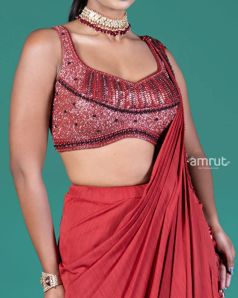 Red Draped Saree with Embellished Blouse - Image 3