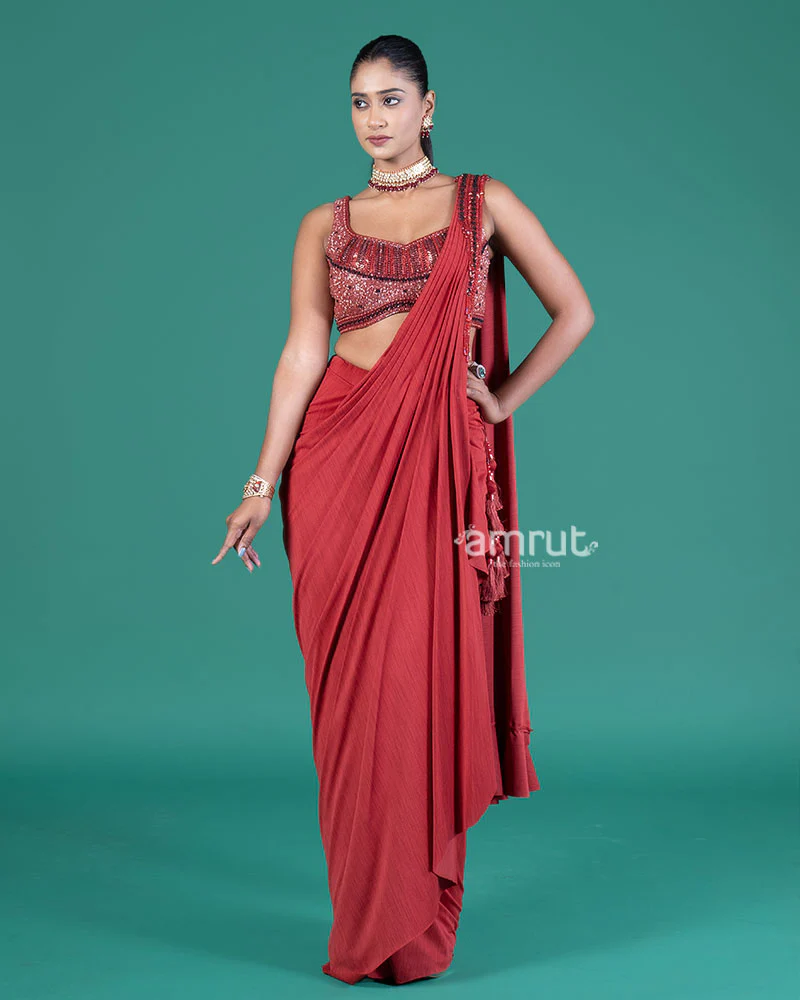 Red Draped Saree with Embellished Blouse - Image 4