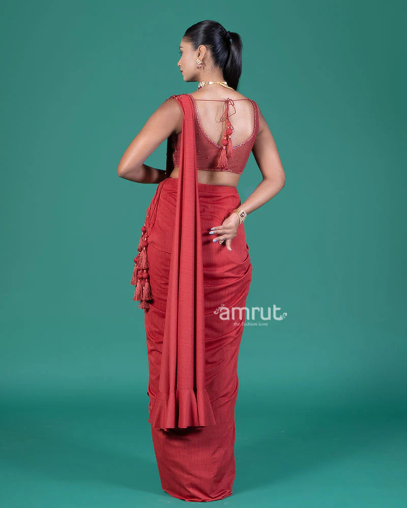 Red Draped Saree with Embellished Blouse - Image 5