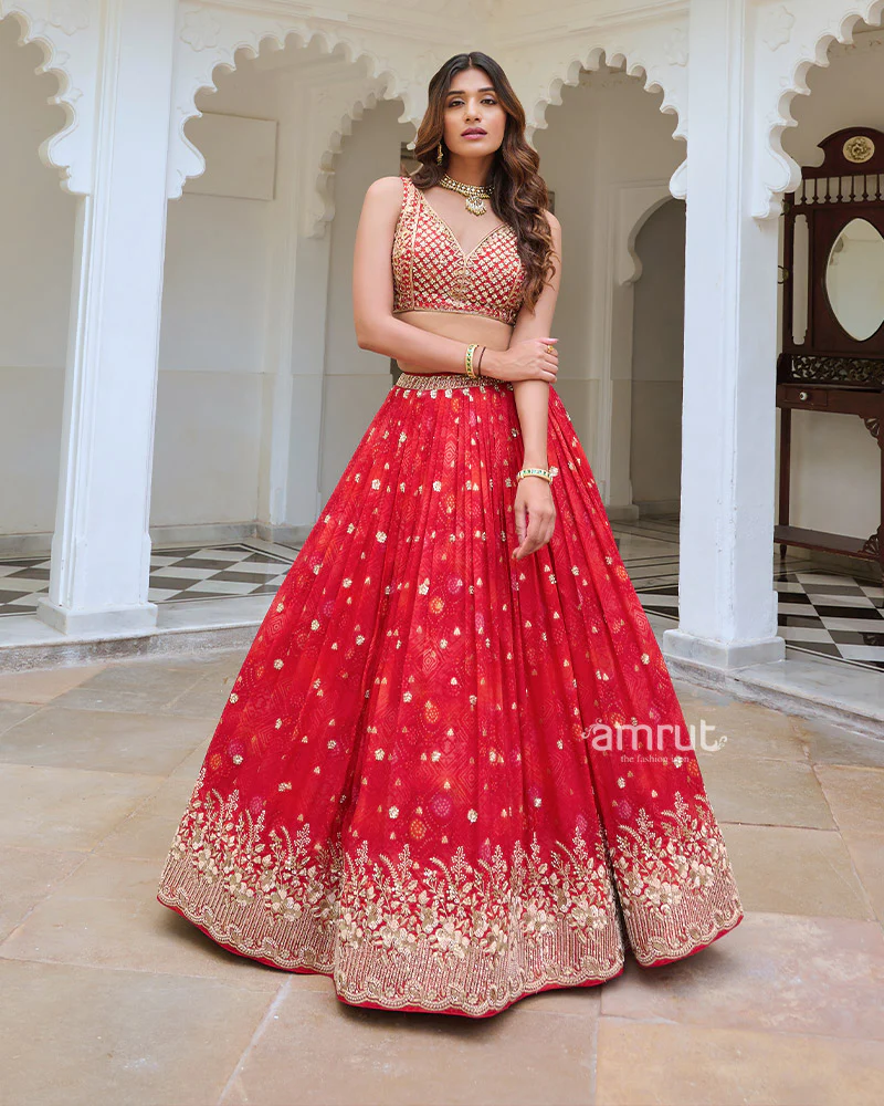 Red Embellished Lehenga Choli with Vibrant Multi Color Dupatta - Image 3