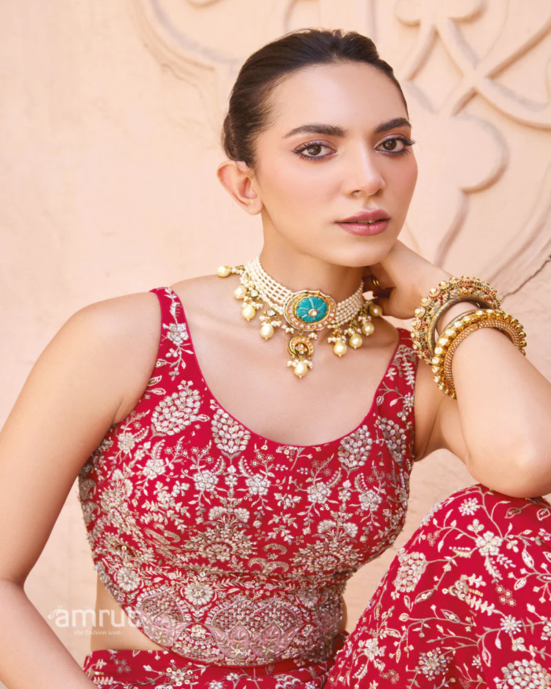 Red Embroidered Indo-Western Palazzo Set with Dupatta - Image 3