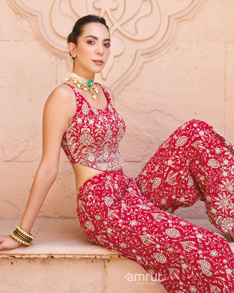 Red Embroidered Indo-Western Palazzo Set with Dupatta - Image 4