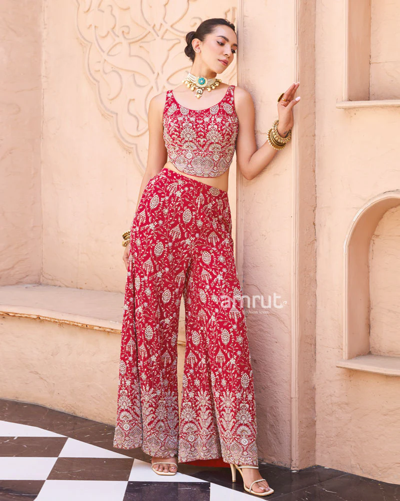 Red Embroidered Indo-Western Palazzo Set with Dupatta - Image 5