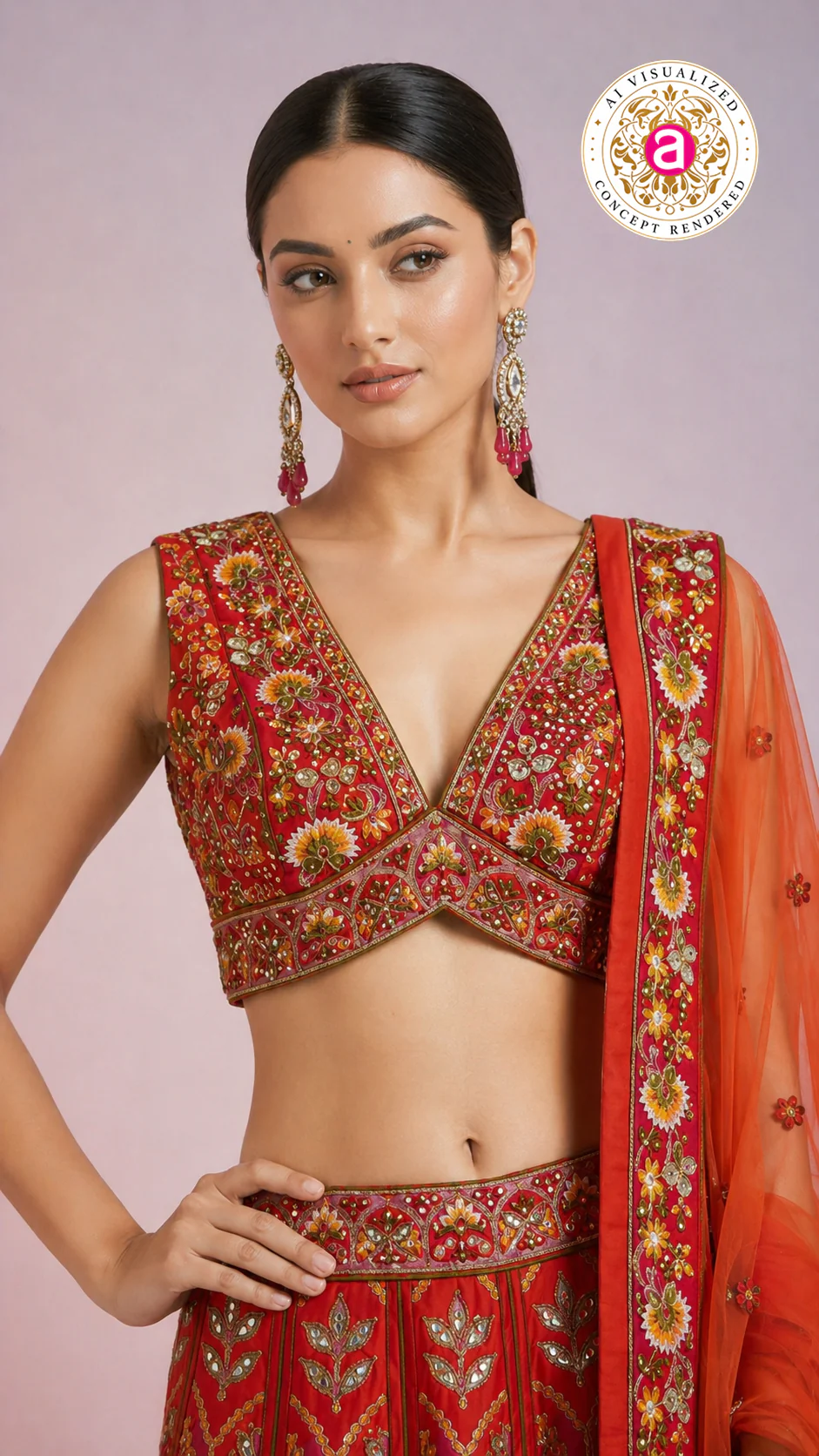 Red Floral Embroidered Designer Lehenga Choli with Organza Dupatta - Image 2