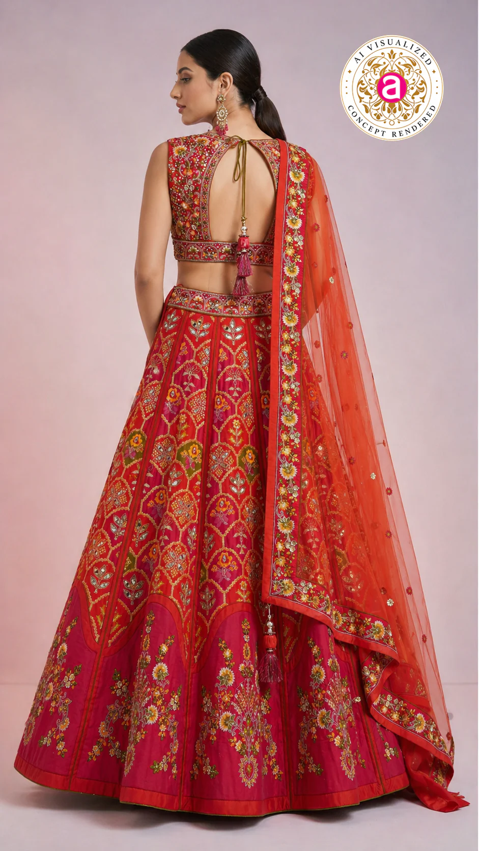 Red Floral Embroidered Designer Lehenga Choli with Organza Dupatta - Image 3