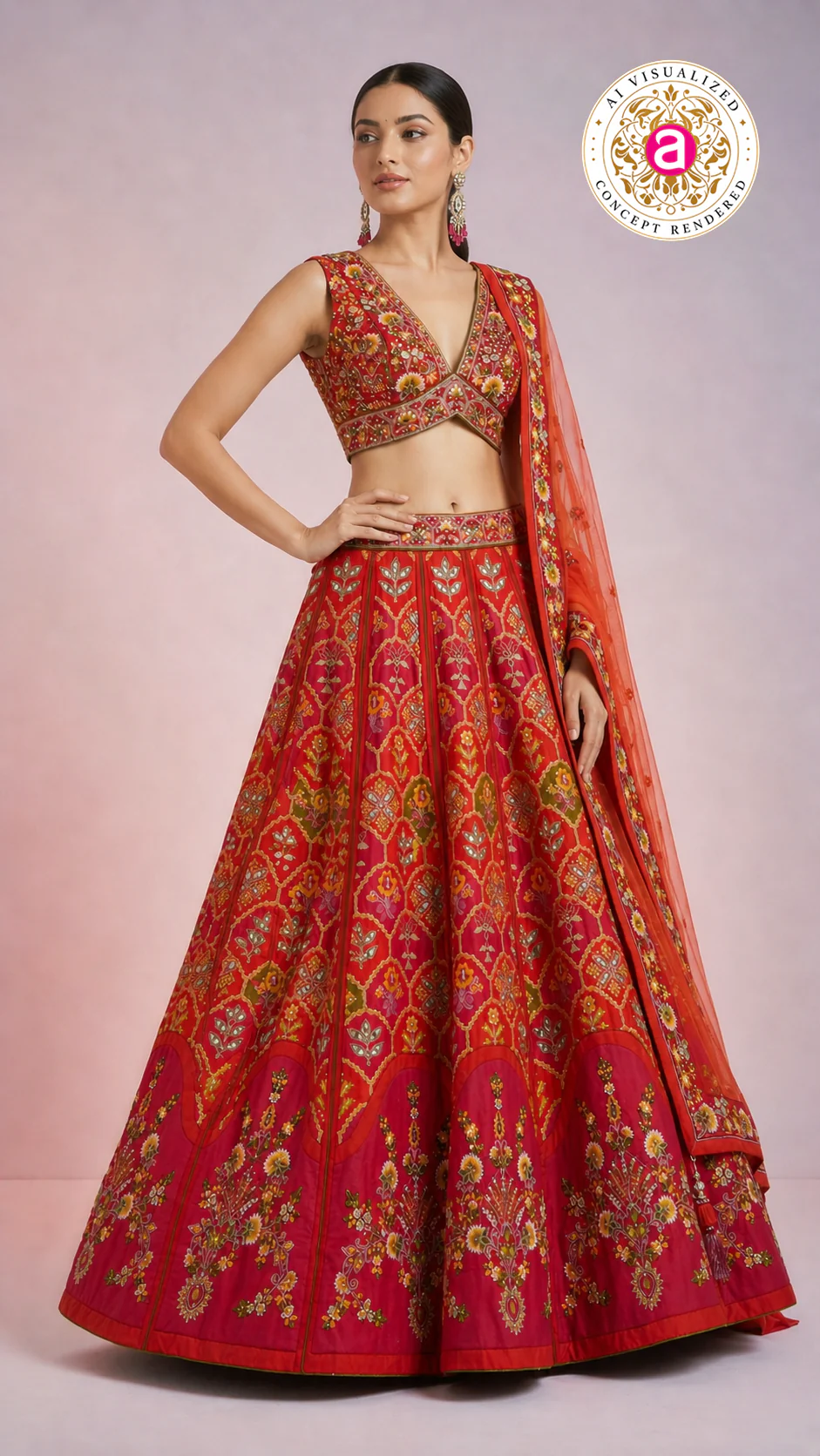 Red Floral Embroidered Designer Lehenga Choli with Organza Dupatta - Image 4