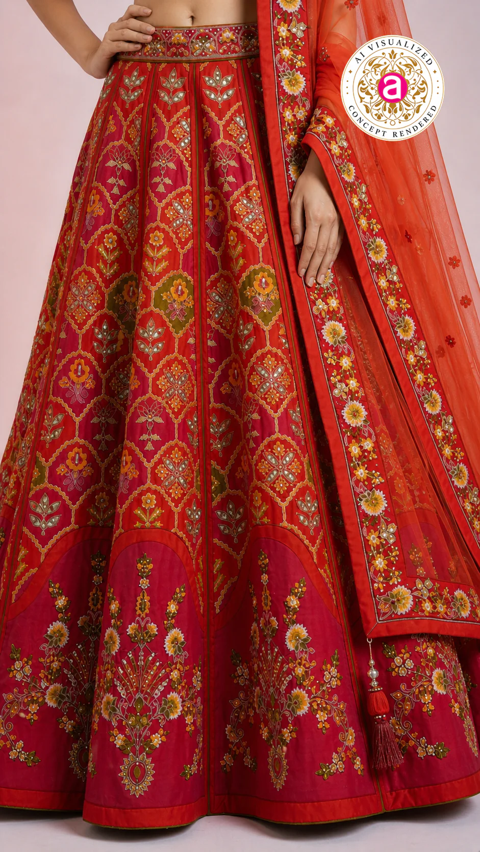Red Floral Embroidered Designer Lehenga Choli with Organza Dupatta - Image 5