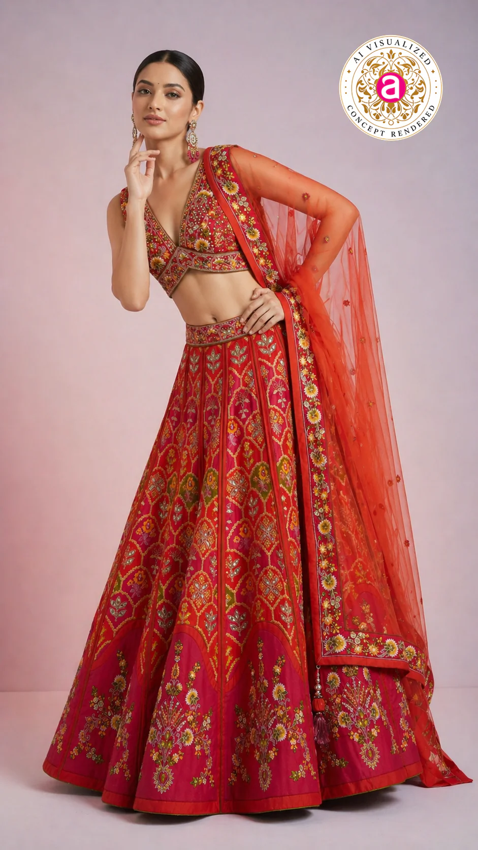 Red Floral Embroidered Designer Lehenga Choli with Organza Dupatta - Image 6