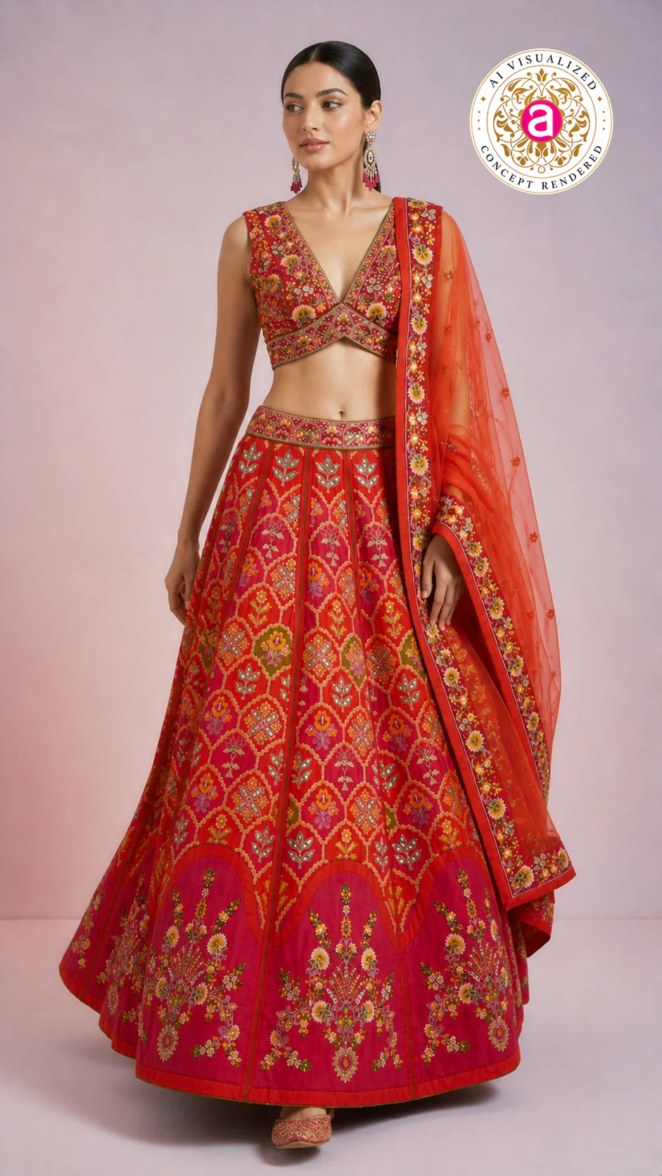 Red Floral Embroidered Designer Lehenga Choli with Organza Dupatta - Image 7