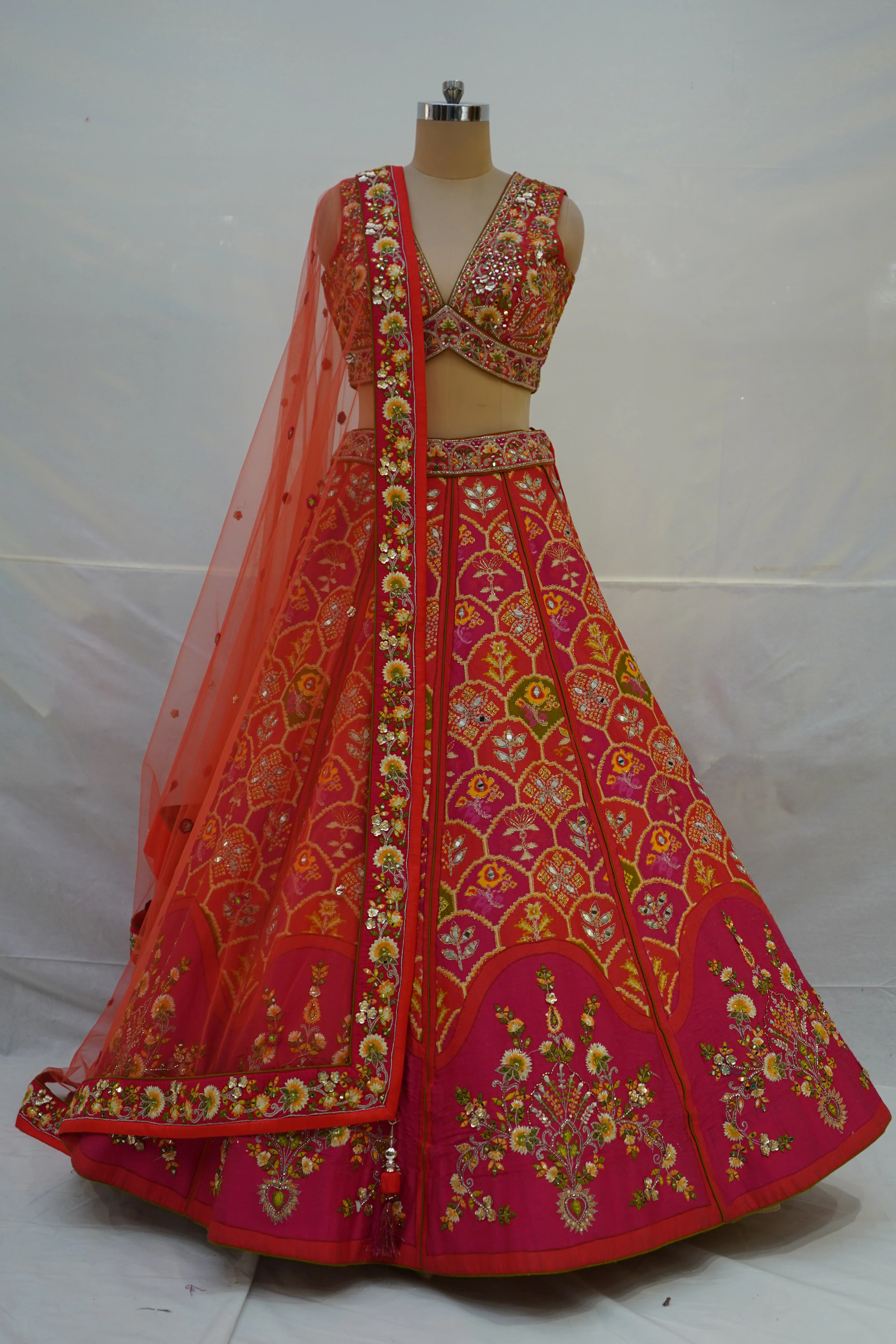 Red Floral Embroidered Designer Lehenga Choli with Organza Dupatta - Image 9