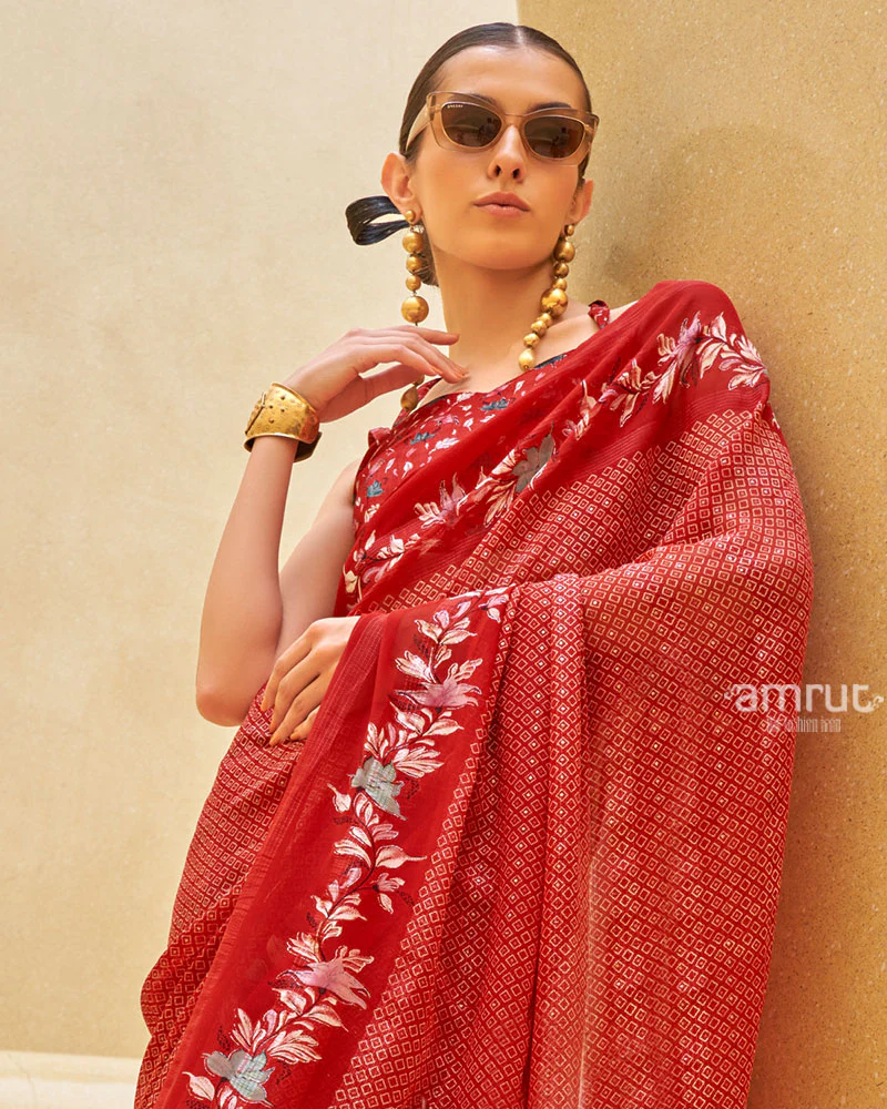 Red Floral Print Saree with Intricate Weaving and Unstitched Blouse - Image 2