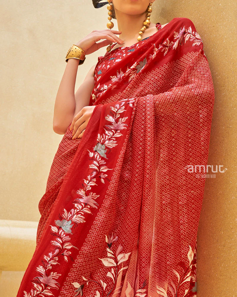 Red Floral Print Saree with Intricate Weaving and Unstitched Blouse - Image 3