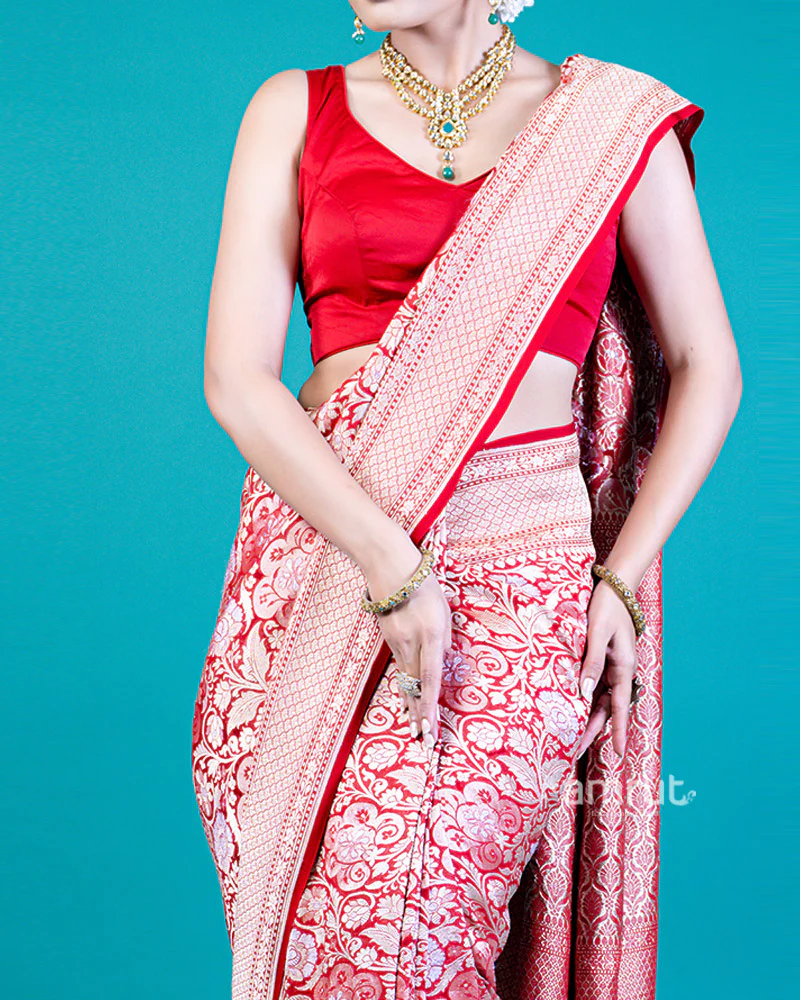 Red Floral Zari Embellishments Saree and Unstitched Blouse - Image 3