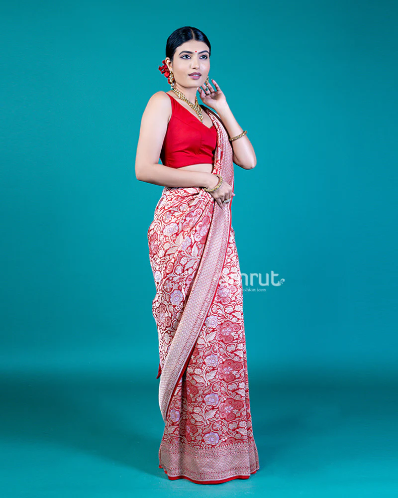 Red Floral Zari Embellishments Saree and Unstitched Blouse - Image 4