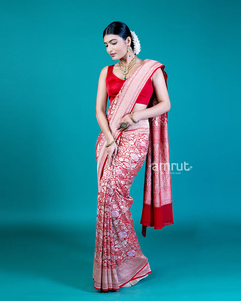 Red Floral Zari Embellishments Saree and Unstitched Blouse - Image 5