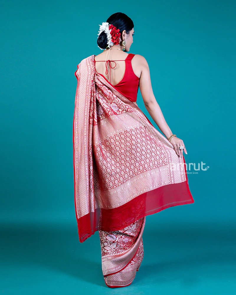 Red Floral Zari Embellishments Saree and Unstitched Blouse - Image 6
