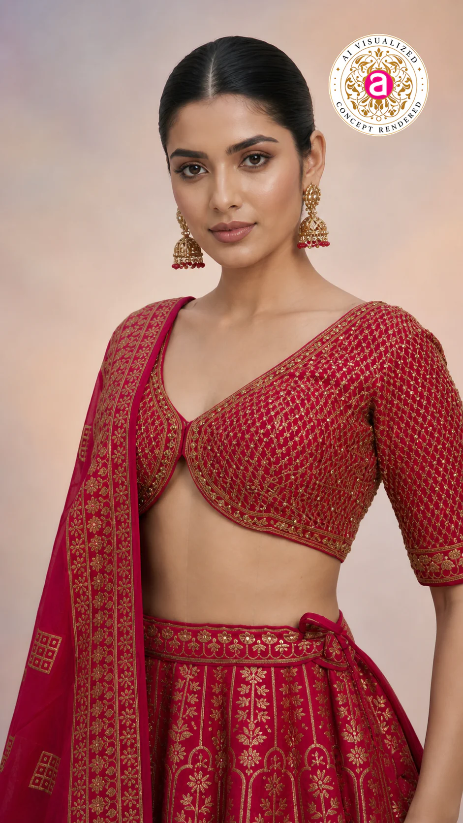 Red & Gold Banarasi Designer Lehenga Choli with Woven Dupatta - Image 2