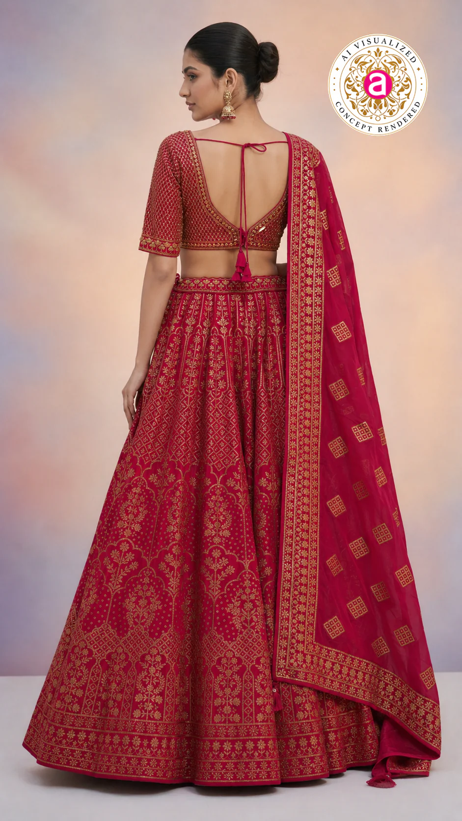 Red & Gold Banarasi Designer Lehenga Choli with Woven Dupatta - Image 3