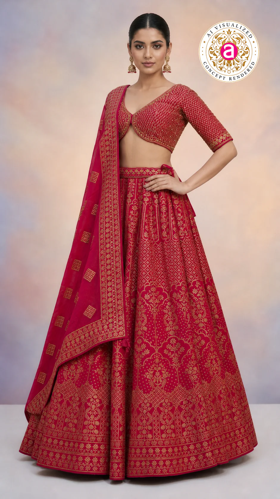 Red & Gold Banarasi Designer Lehenga Choli with Woven Dupatta - Image 4