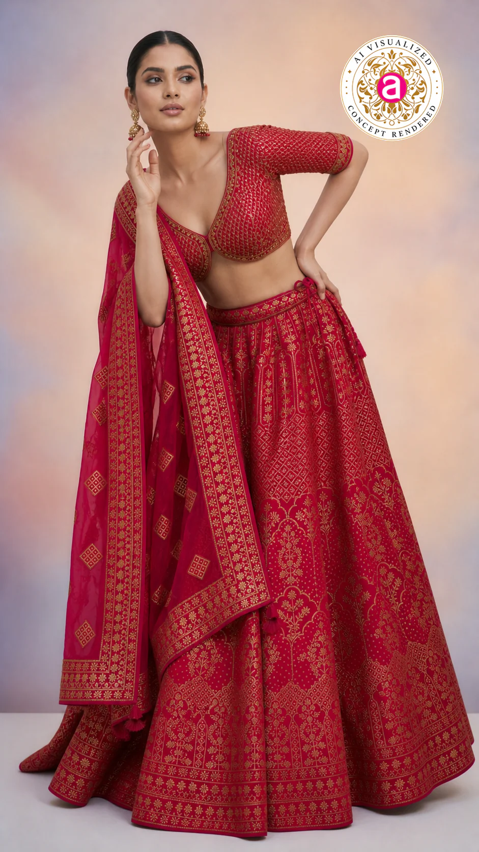 Red & Gold Banarasi Designer Lehenga Choli with Woven Dupatta - Image 6