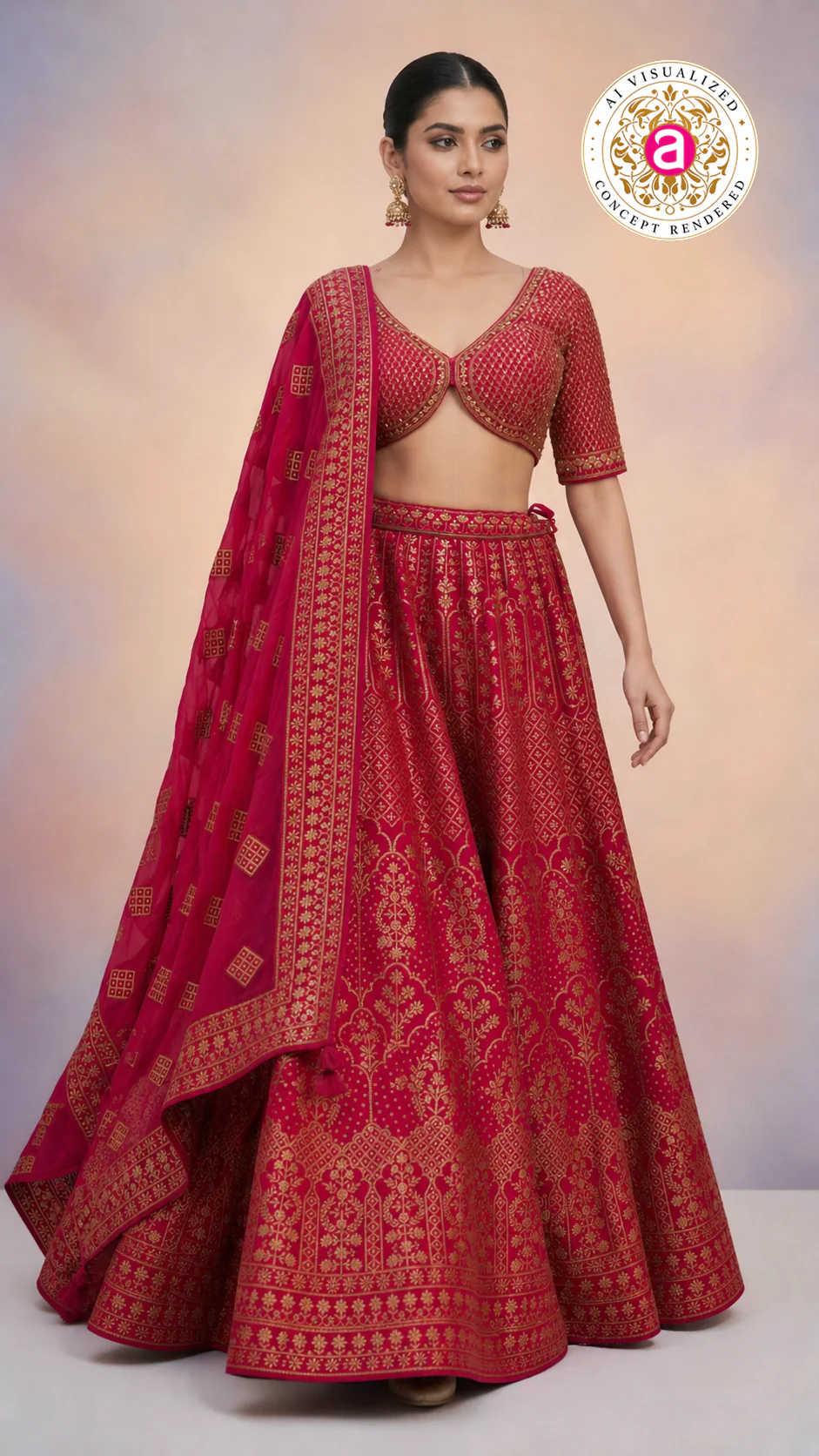 Red & Gold Banarasi Designer Lehenga Choli with Woven Dupatta - Image 7