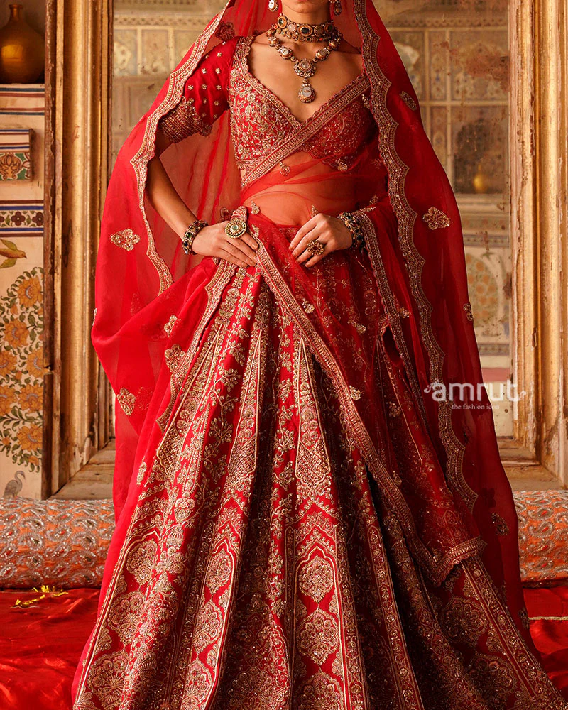Red Golden Embroidered Embellished Bridal Lehenga Choli with Red Dupatta - Image 3