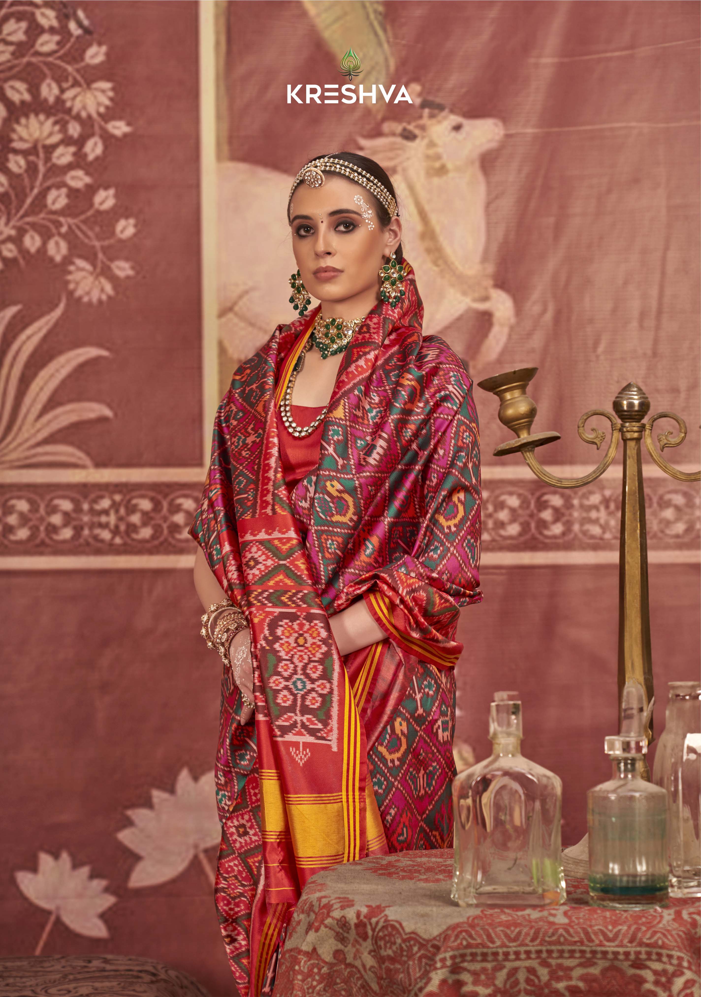 Red Pink & Green Patola Soft Silk Saree with Traditional Ikat Weaving P25 - Image 2