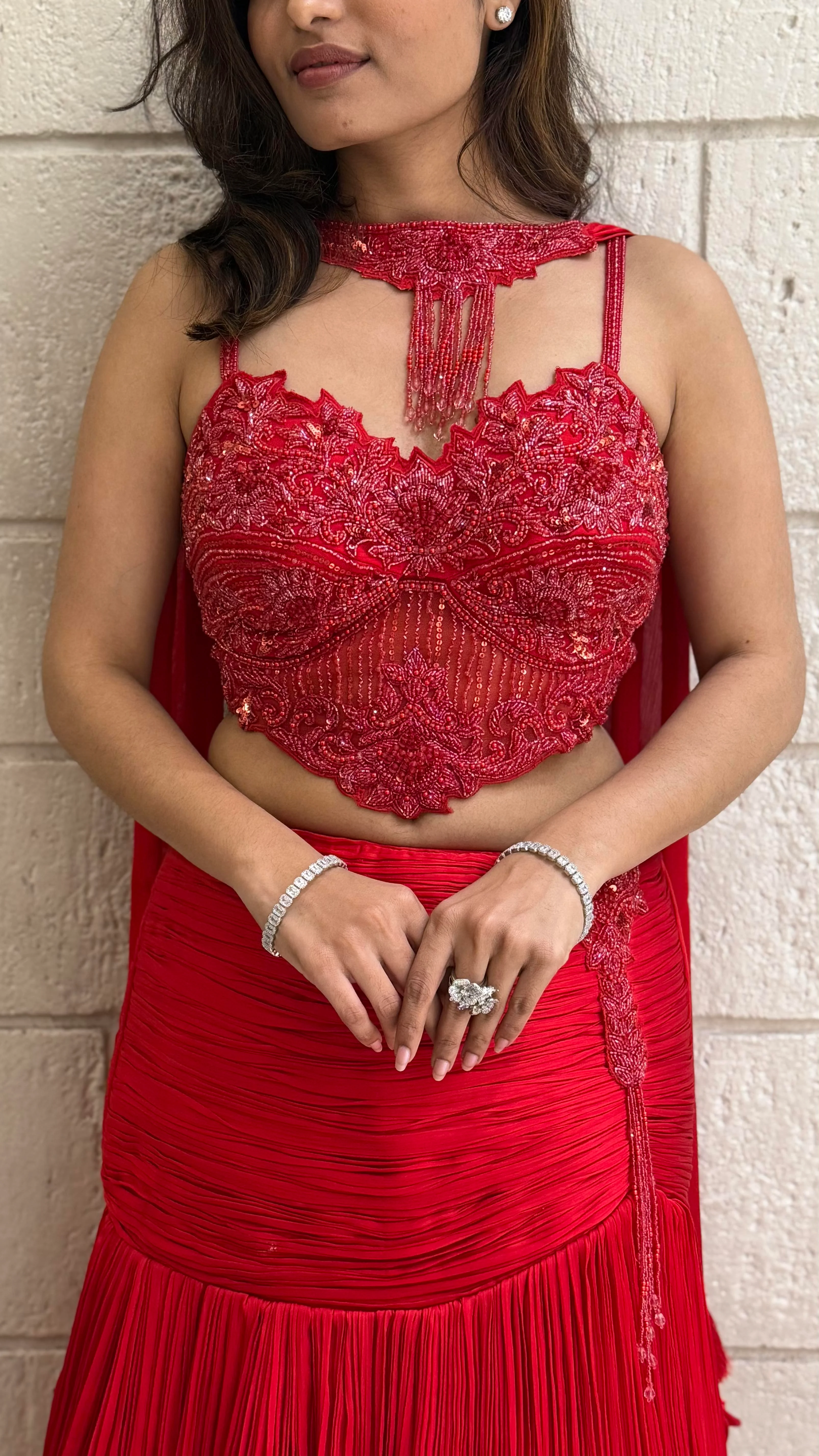 Red Luxury Hand-Embroidered Indo Western Lehenga with Designer Beaded Blouse - Image 2