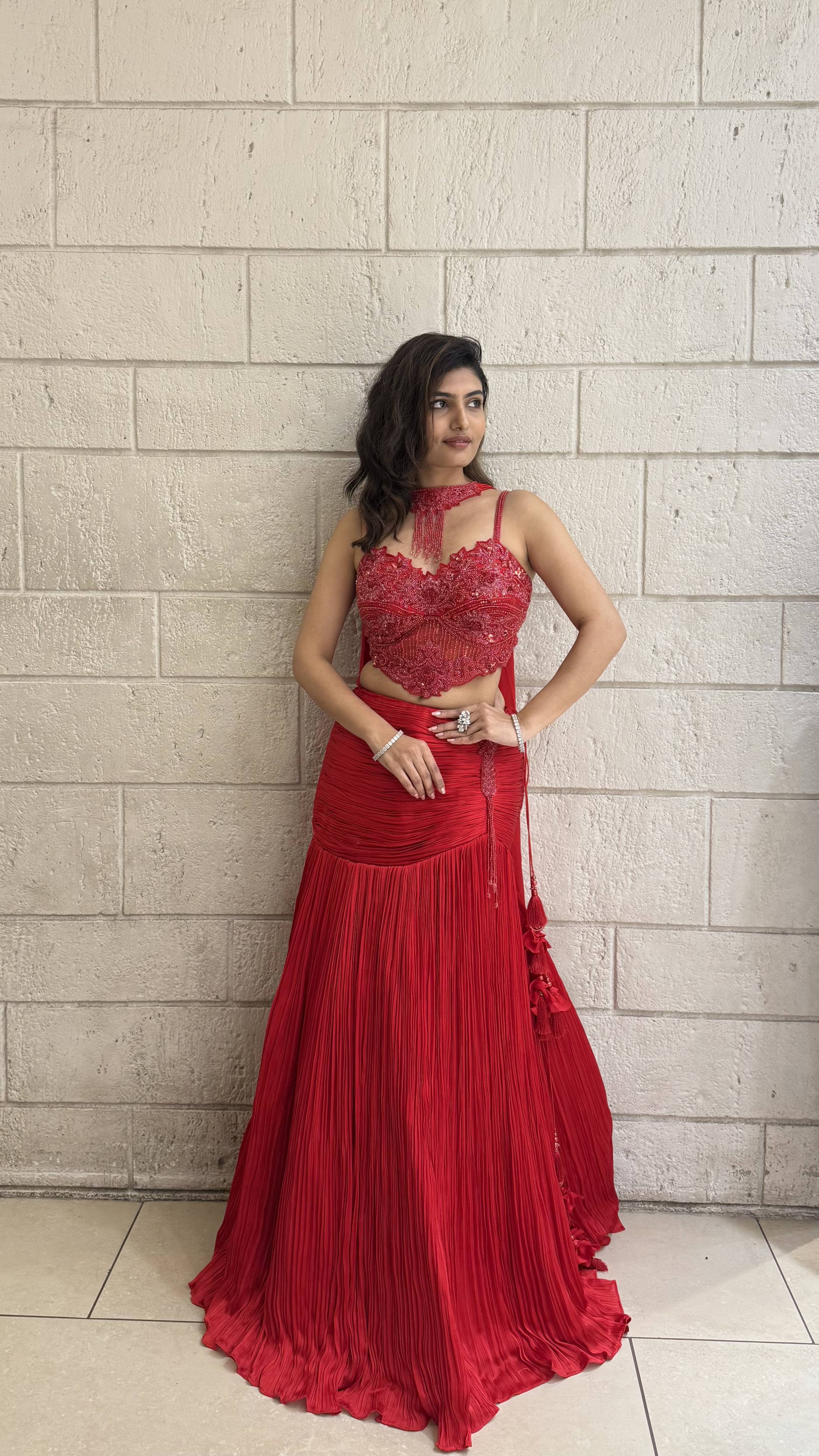 Red Luxury Hand-Embroidered Indo Western Lehenga with Designer Beaded Blouse - Image 3