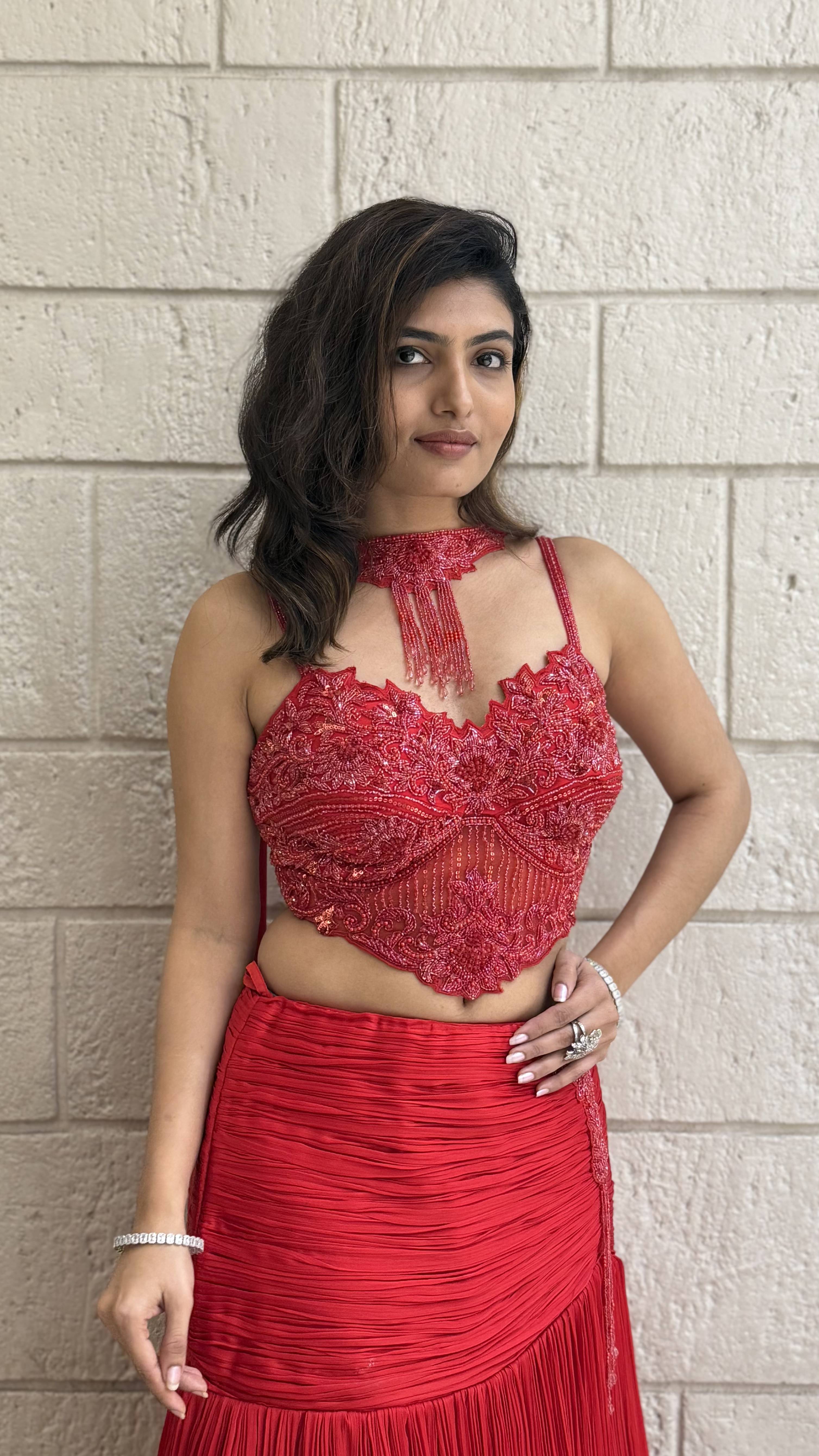 Red Luxury Hand-Embroidered Indo Western Lehenga with Designer Beaded Blouse - Image 5