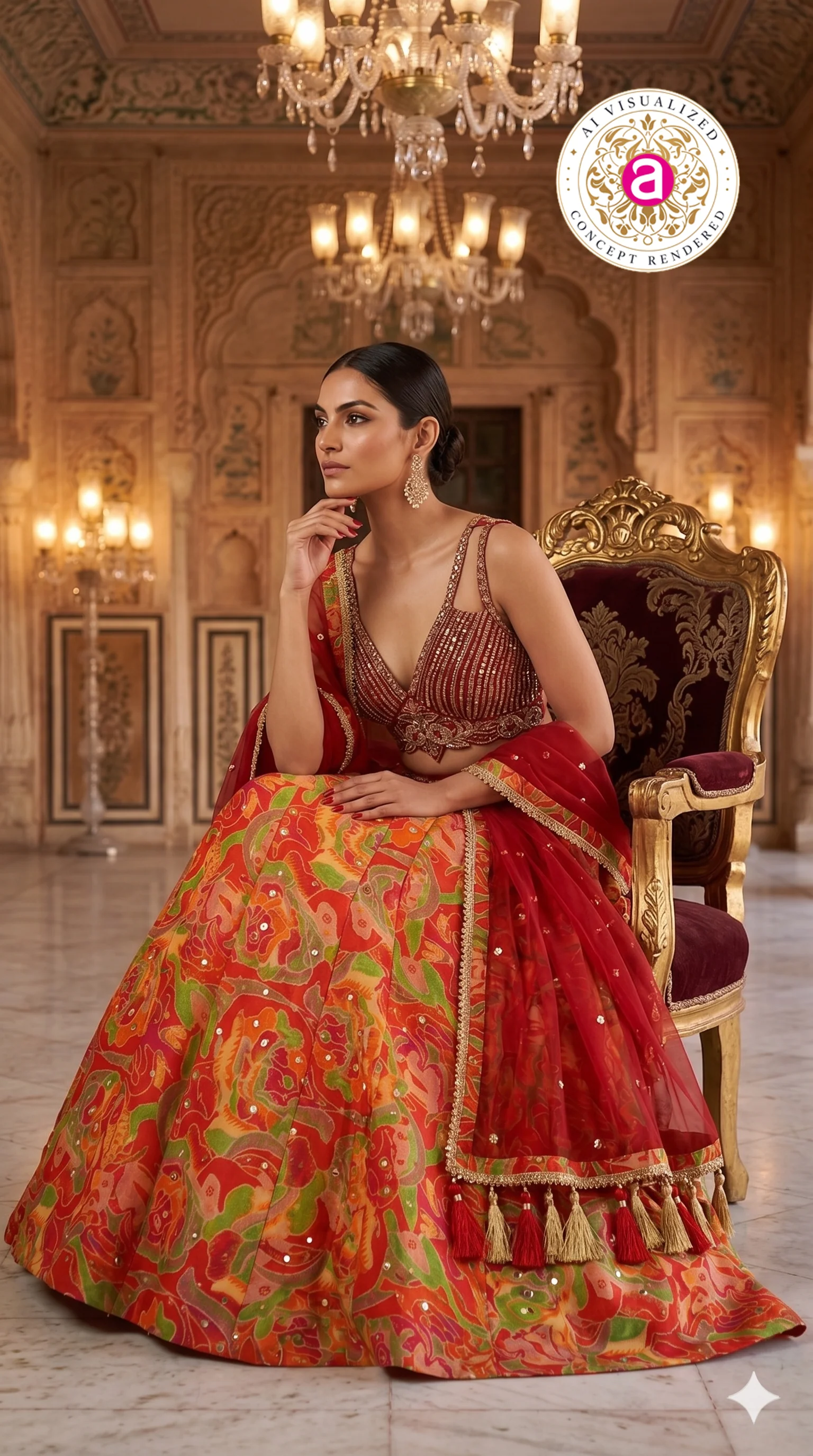 Red Multicolor Abstract Printed Designer Lehenga Set with Embellished Blouse & Net Dupatta - Image 3