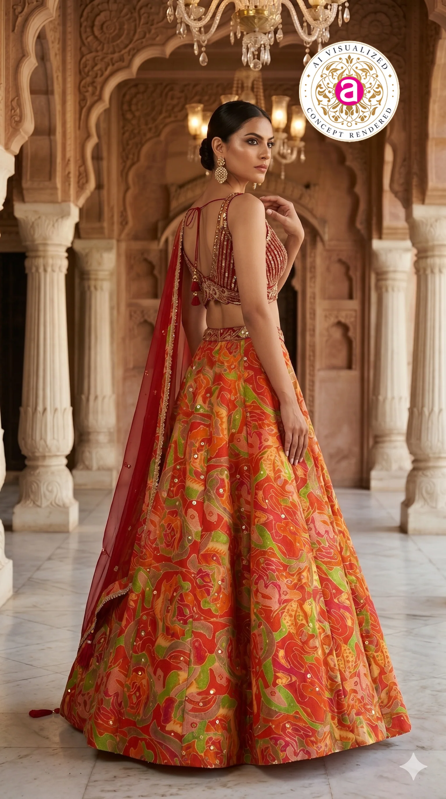 Red Multicolor Abstract Printed Designer Lehenga Set with Embellished Blouse & Net Dupatta - Image 4