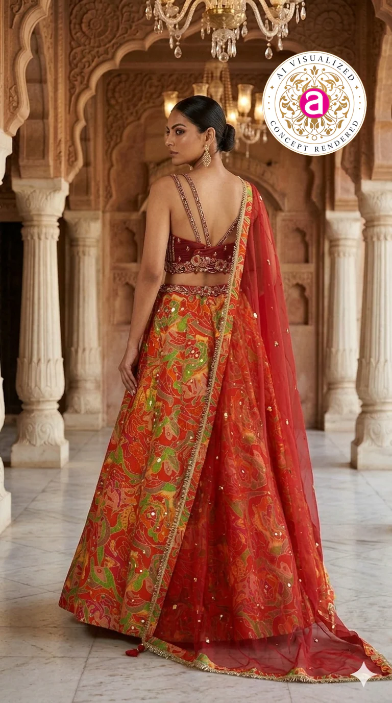 Red Multicolor Abstract Printed Designer Lehenga Set with Embellished Blouse & Net Dupatta - Image 6