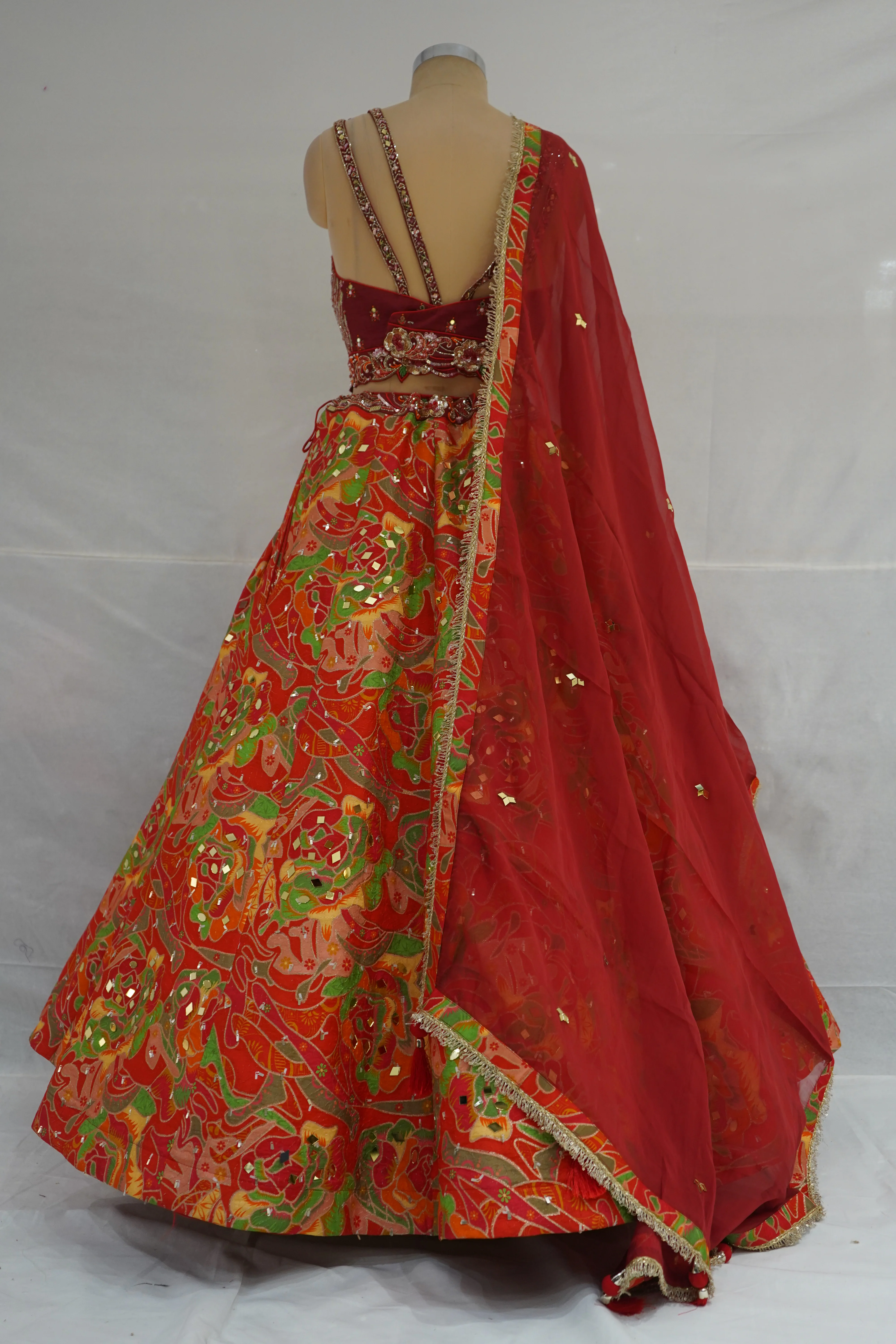Red Multicolor Abstract Printed Designer Lehenga Set with Embellished Blouse & Net Dupatta - Image 7