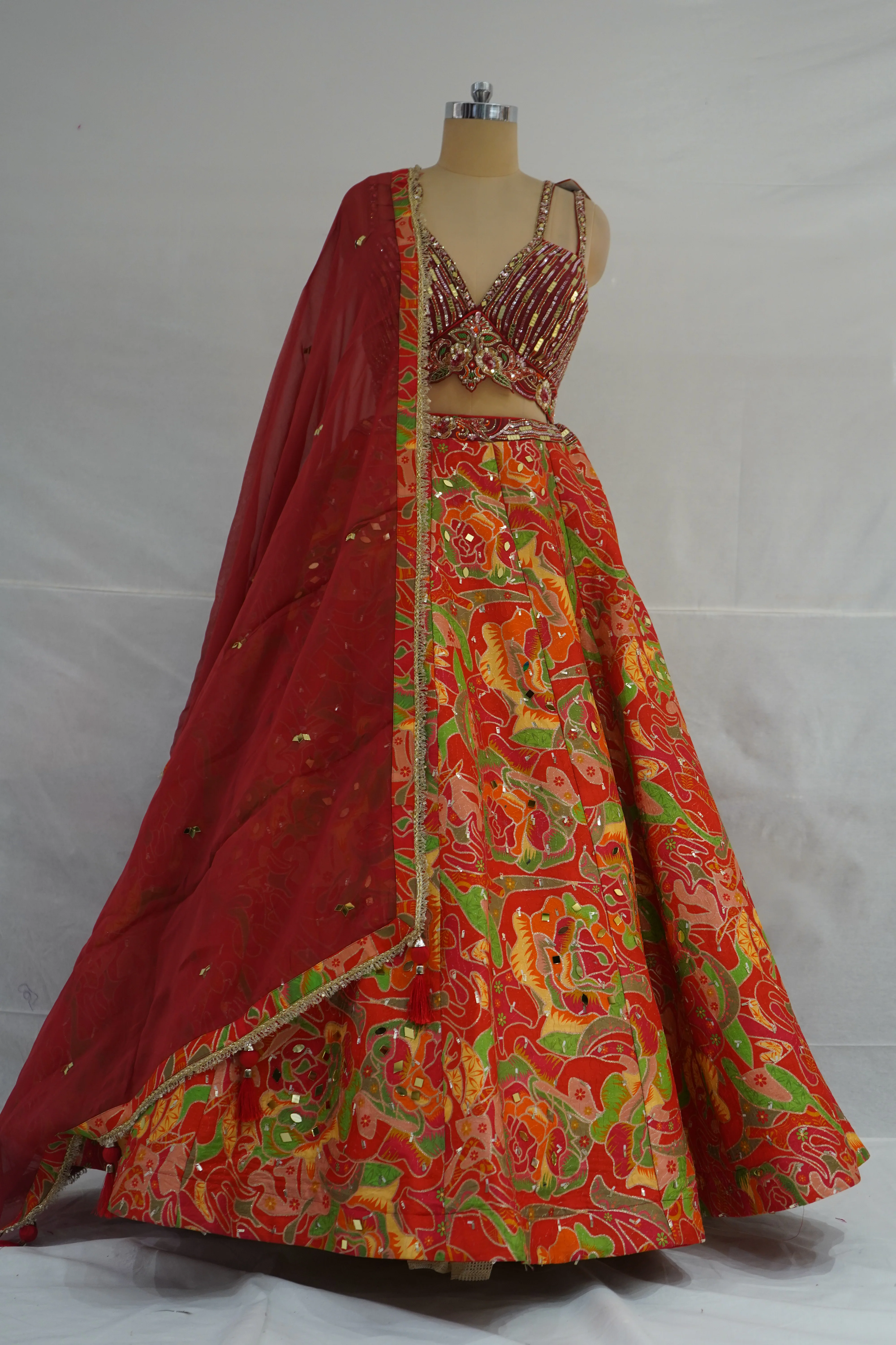 Red Multicolor Abstract Printed Designer Lehenga Set with Embellished Blouse & Net Dupatta - Image 8