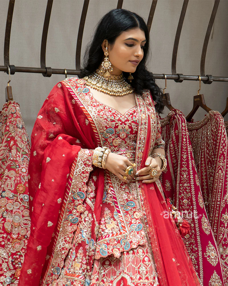 Red Multicolor Zardozi Embroidered Bridal Lehenga Set - Image 2