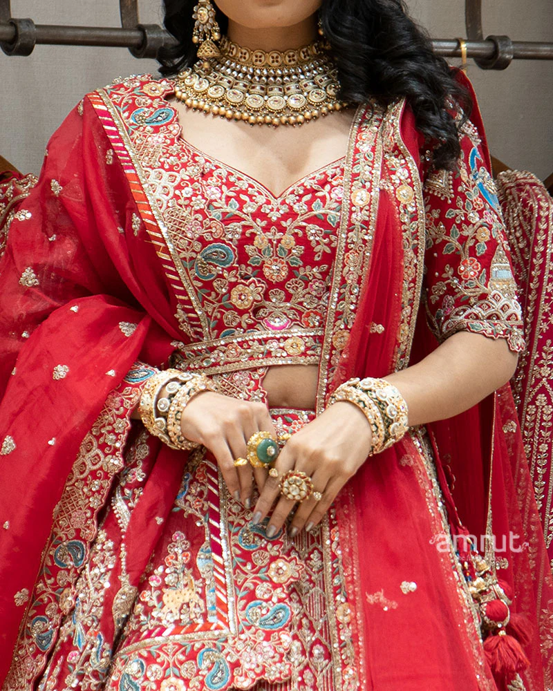 Red Multicolor Zardozi Embroidered Bridal Lehenga Set - Image 3