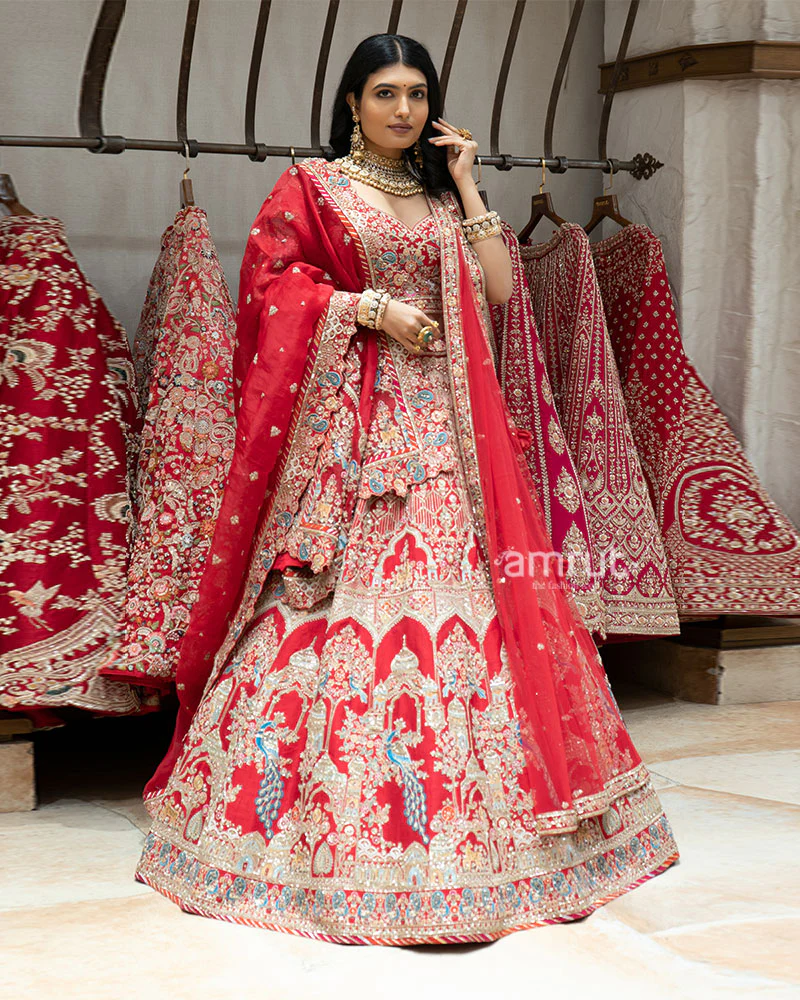 Red Multicolor Zardozi Embroidered Bridal Lehenga Set - Image 4