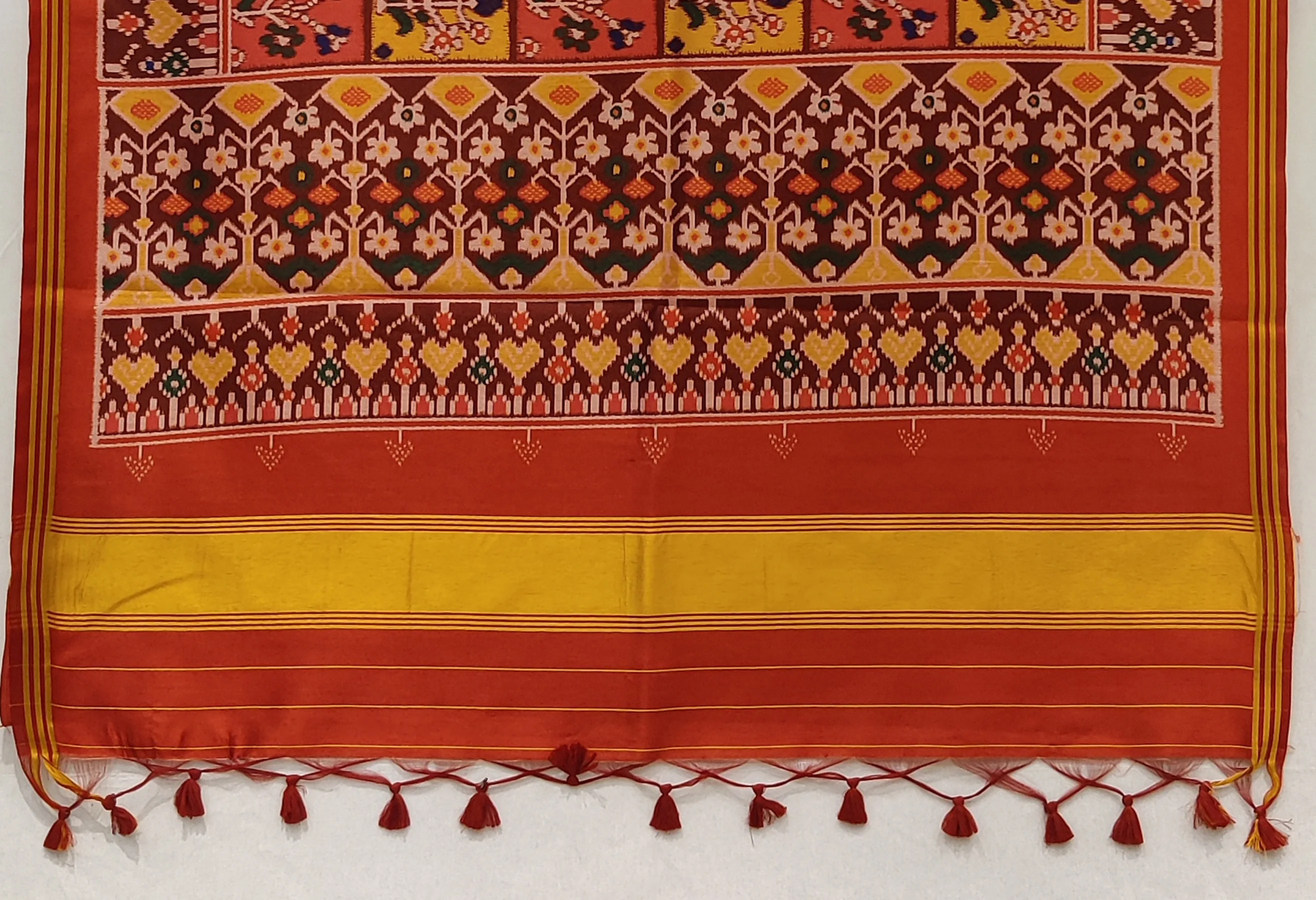 Red & Mustard Traditional Patola Inspired Silk Blend Saree with Folk Motifs P17 - Image 3