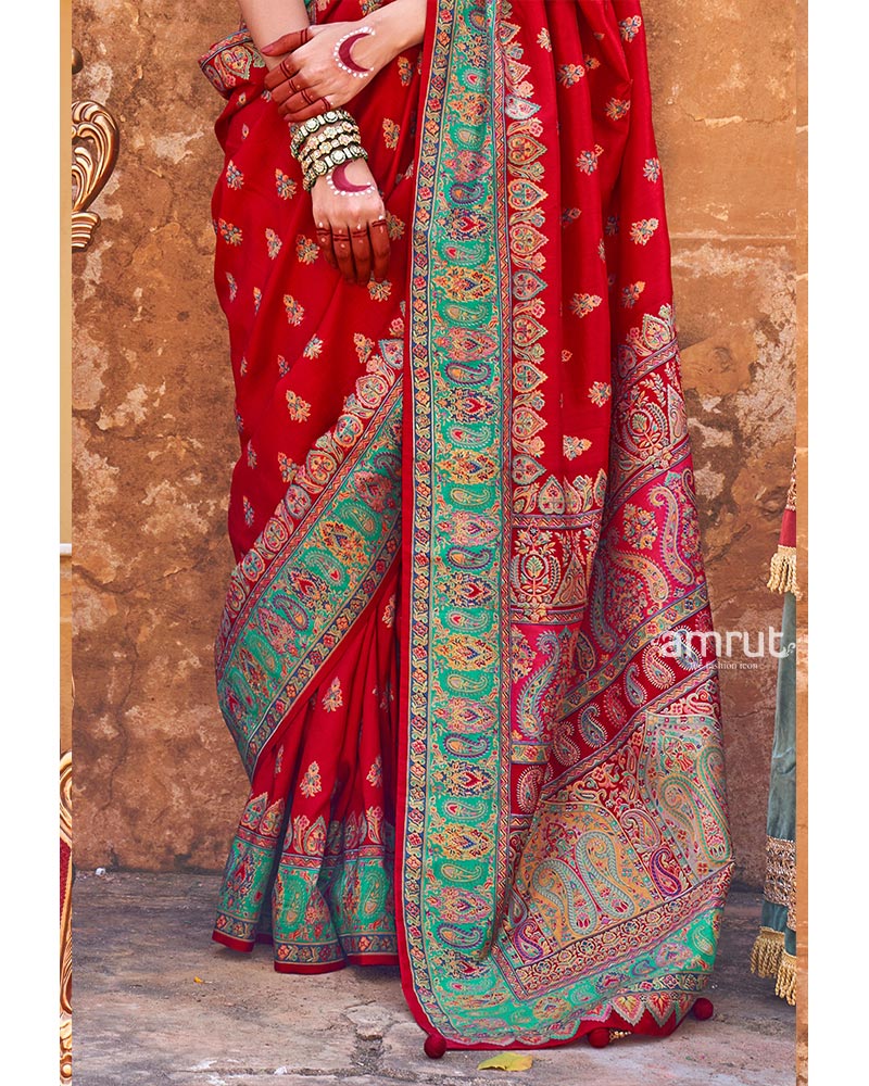 Red Pashmina Silk Saree Embellished Traditional Buti Design and Border with Unstitched Blouse - Image 3