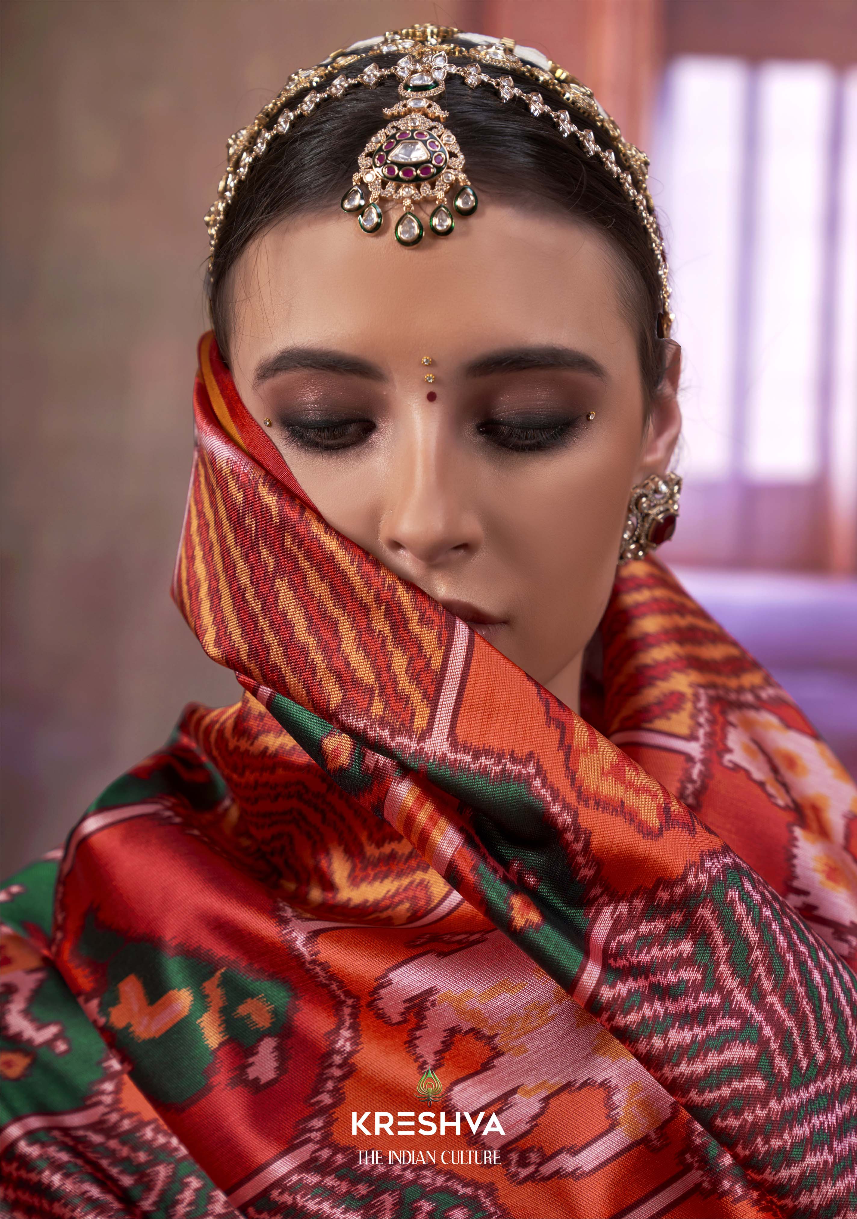 Red & Green Patan Patola Inspired Silk Saree with Multicolour Ikat Weaving P116 - Image 2